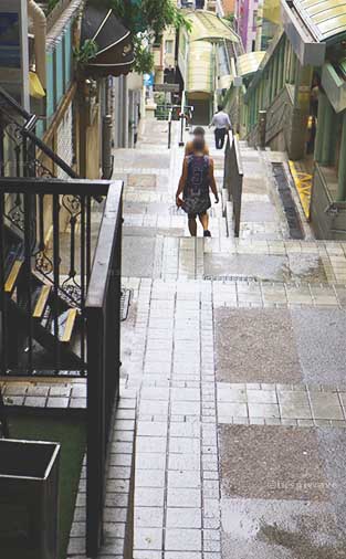 Walking down the slippery steps